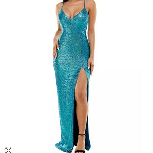 NWT Juniors' Sequined High-Slit long dress Gown teal for prom or hoco, X…